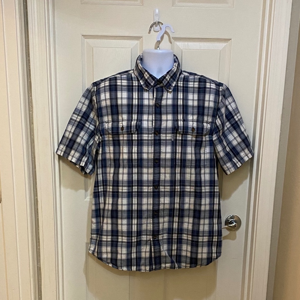 Carhartt-Button down-Short Sleeve-Relaxed Fit-Blue Plaid-100% Cotton-Men's Large